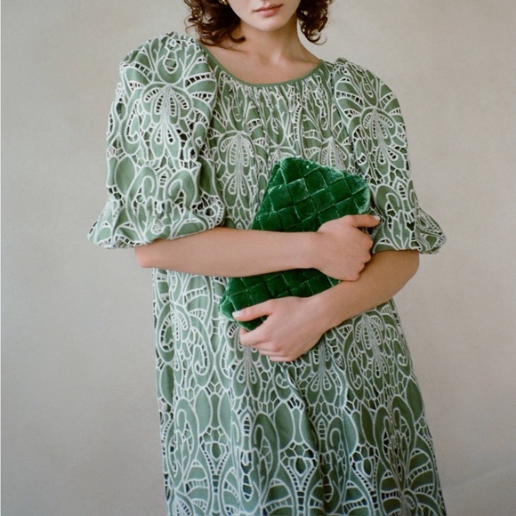 NWT LOEFFLER RANDALL Mimi Lace Tent Green Oversized Puff-Sleeve Dress Size Small - Picture 2 of 10